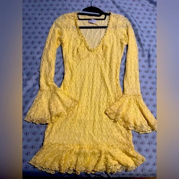Oh Polly | Dresses | Oh Polly Yellow Ruffled Bodycon Dress With Bell Sleeves  | Poshmark